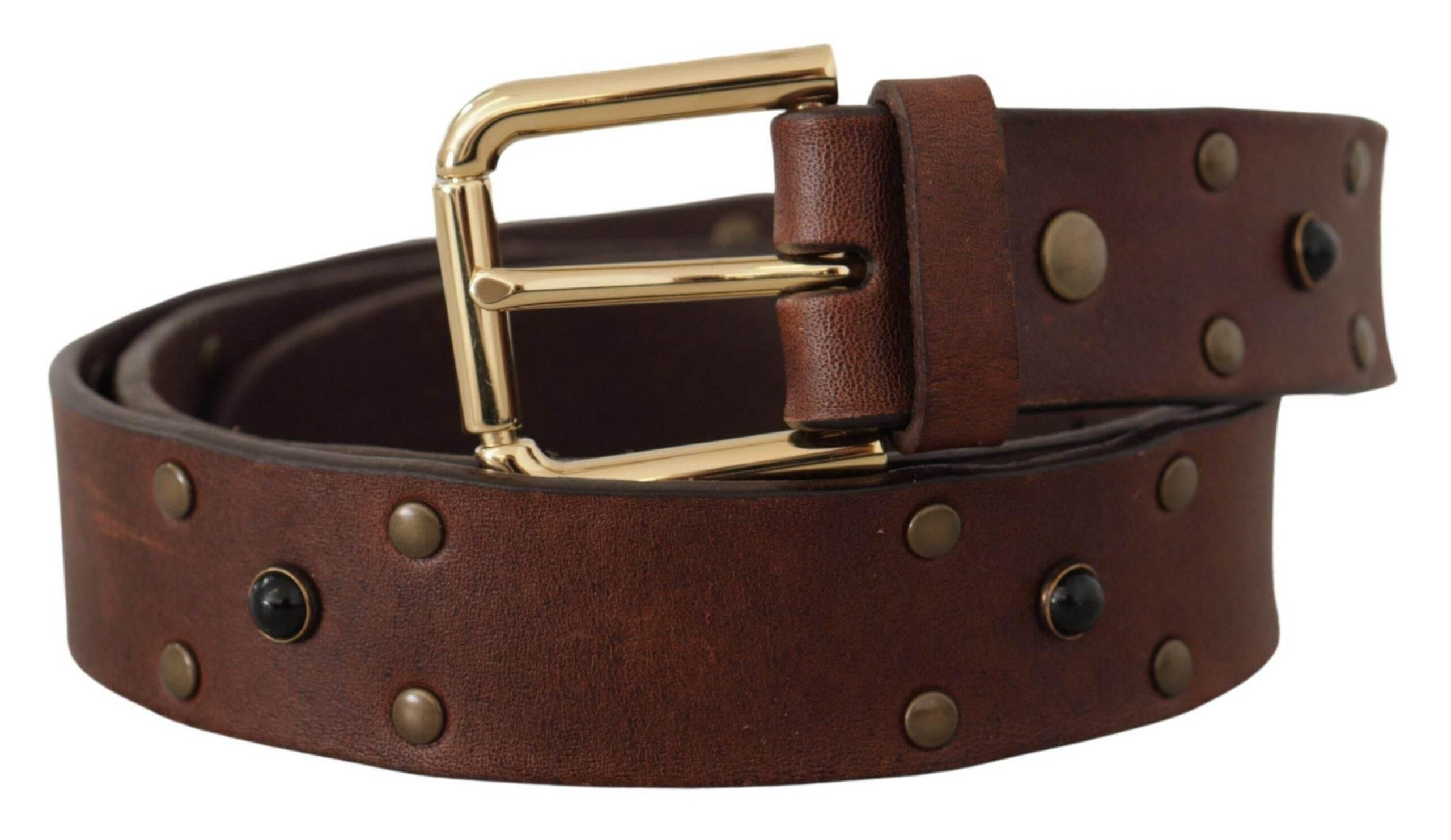 Dolce & Gabbana Brown Leather Studded Gold Tone Metal Buckle Belt - Hilstor