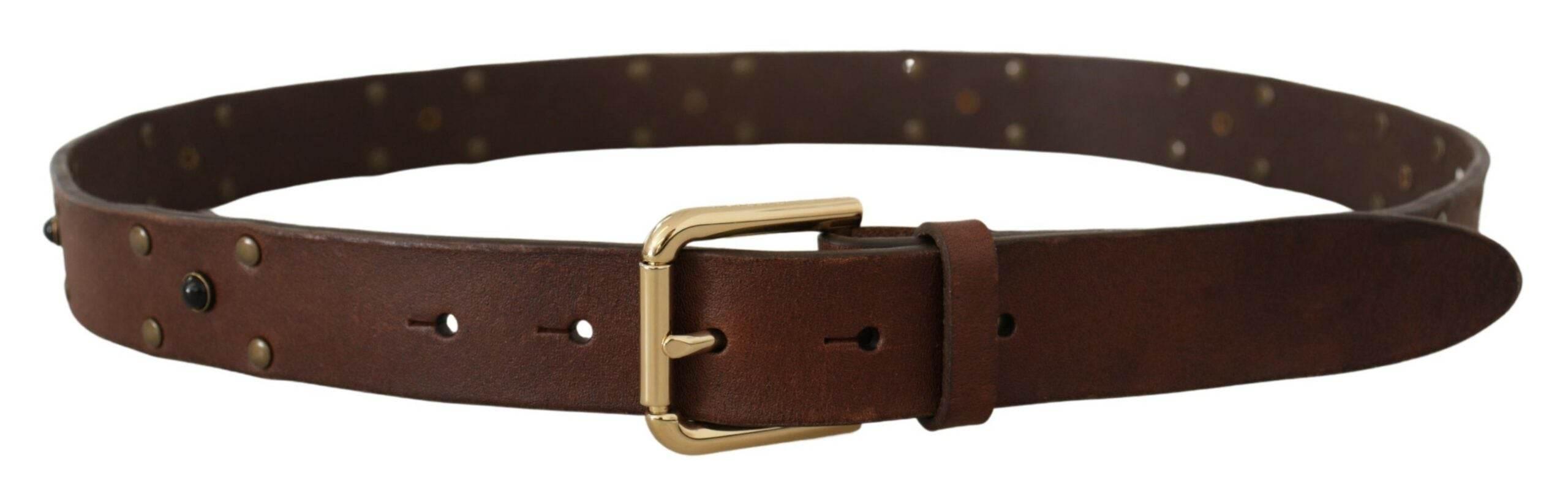 Dolce & Gabbana Brown Leather Studded Gold Tone Metal Buckle Belt - Hilstor