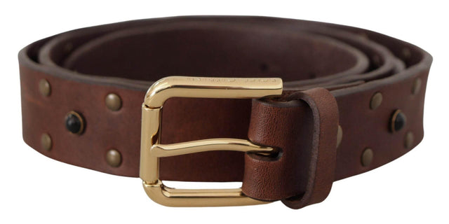 Dolce & Gabbana Brown Leather Studded Gold Tone Metal Buckle Belt - Hilstor
