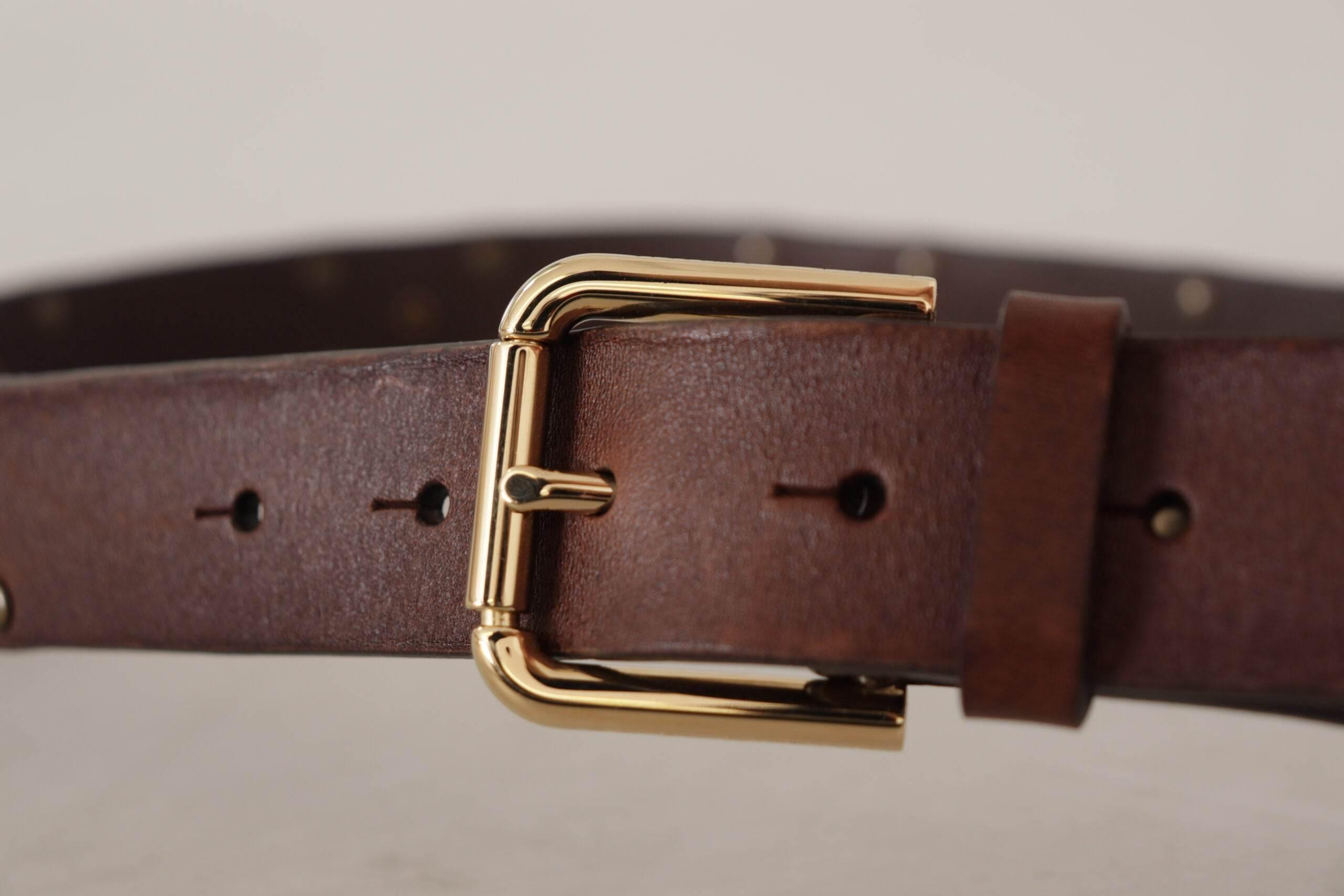 Dolce & Gabbana Brown Leather Studded Gold Tone Metal Buckle Belt - Hilstor
