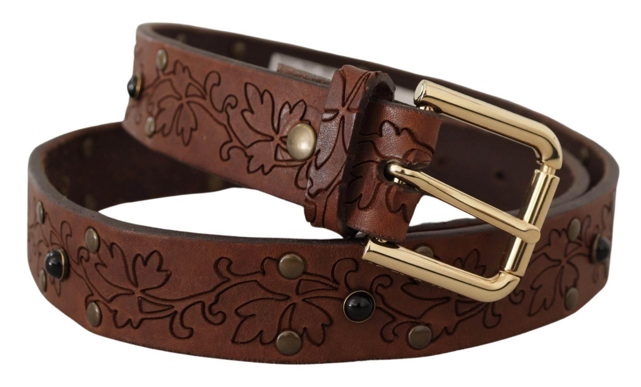 Dolce & Gabbana Brown Leather Floral Studded Metal Buckle Belt - Hilstor