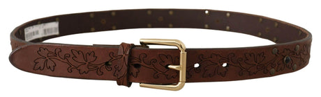 Dolce & Gabbana Brown Leather Floral Studded Metal Buckle Belt - Hilstor