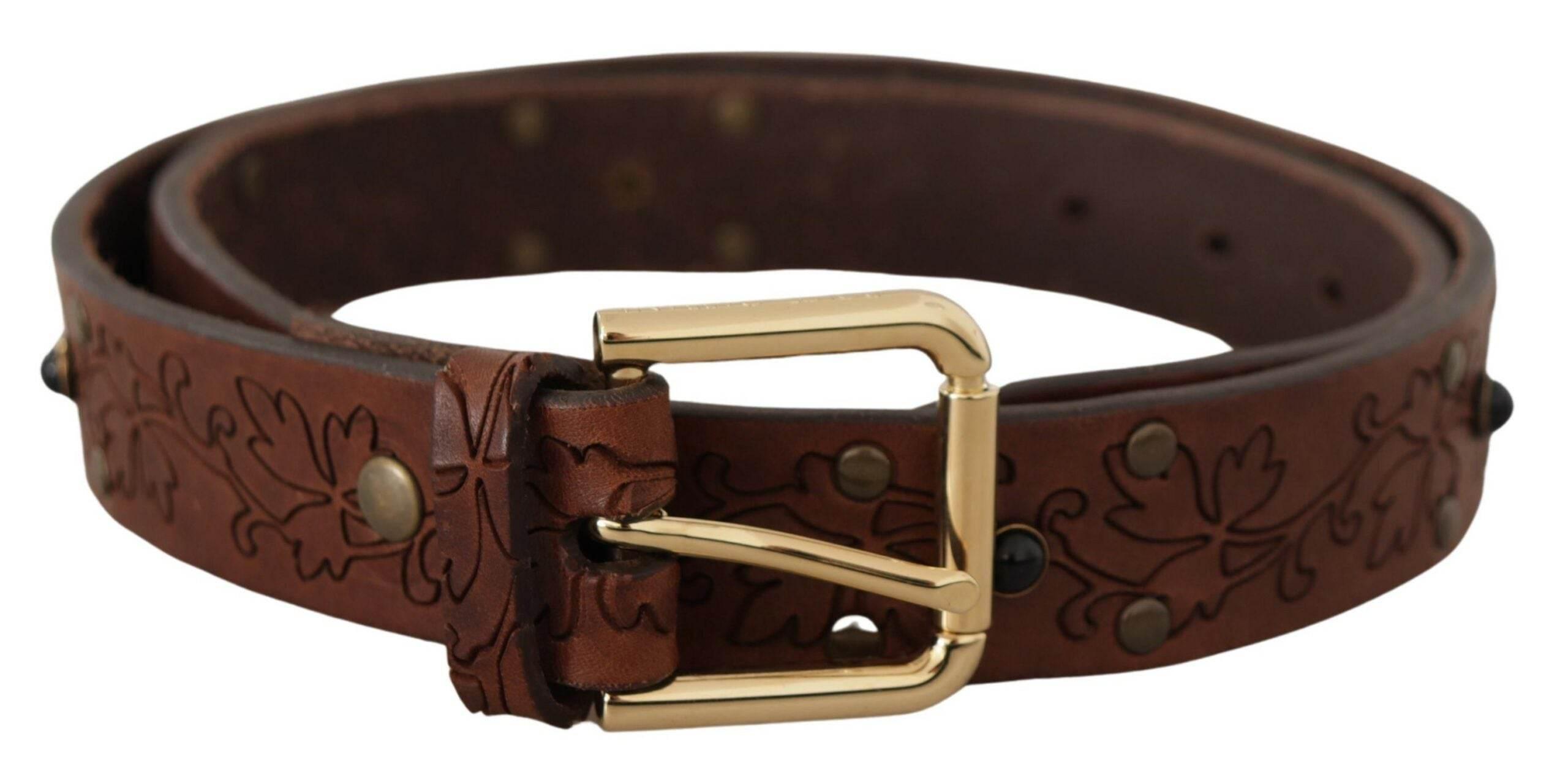 Dolce & Gabbana Brown Leather Floral Studded Metal Buckle Belt - Hilstor