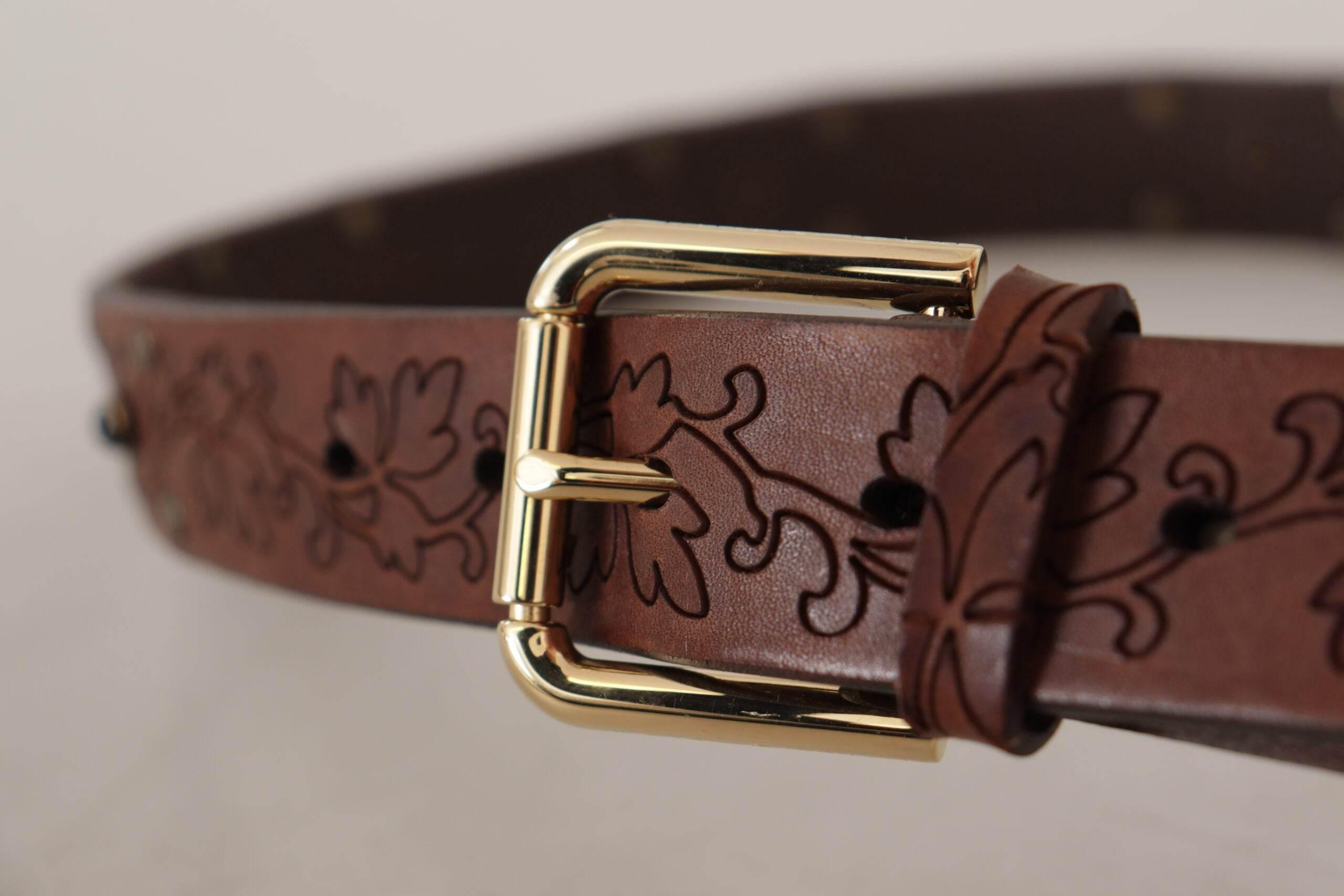 Dolce & Gabbana Brown Leather Floral Studded Metal Buckle Belt - Hilstor