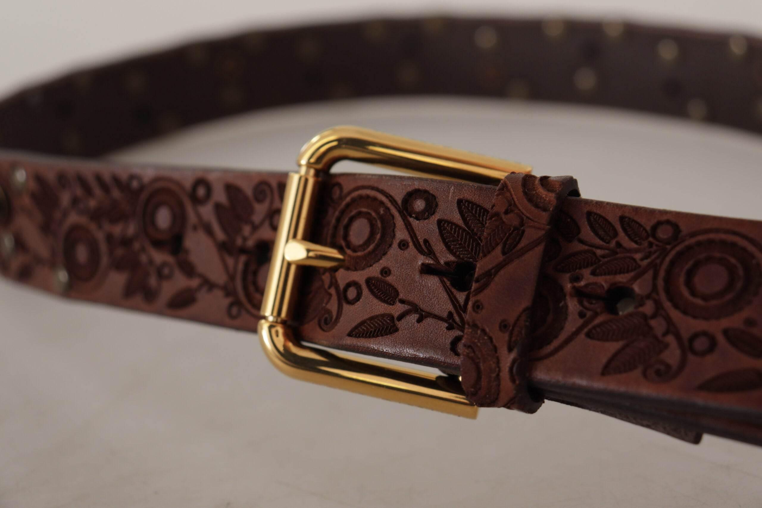 Dolce & Gabbana Brown Calf Leather Embossed Gold Metal Buckle - Hilstor