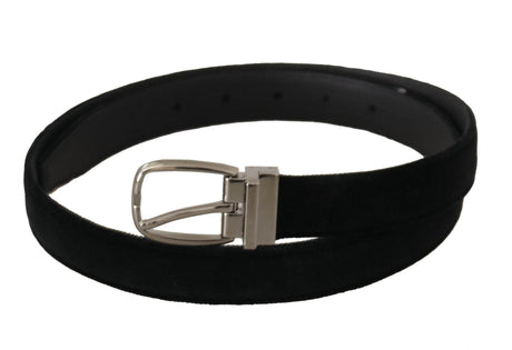 Dolce & Gabbana Black Classic Velvet Silver Tone Metal Buckle Belt - Hilstor