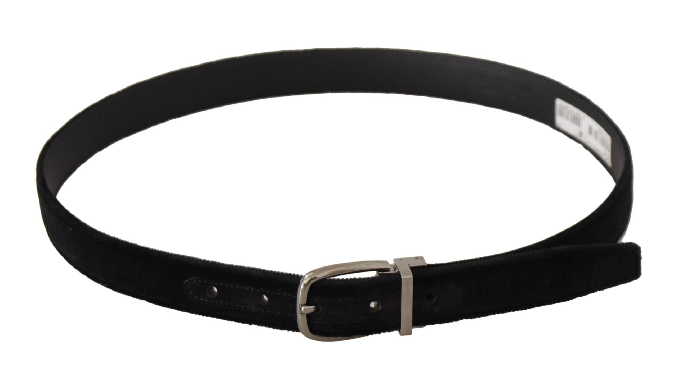 Dolce & Gabbana Black Classic Velvet Silver Tone Metal Buckle Belt - Hilstor