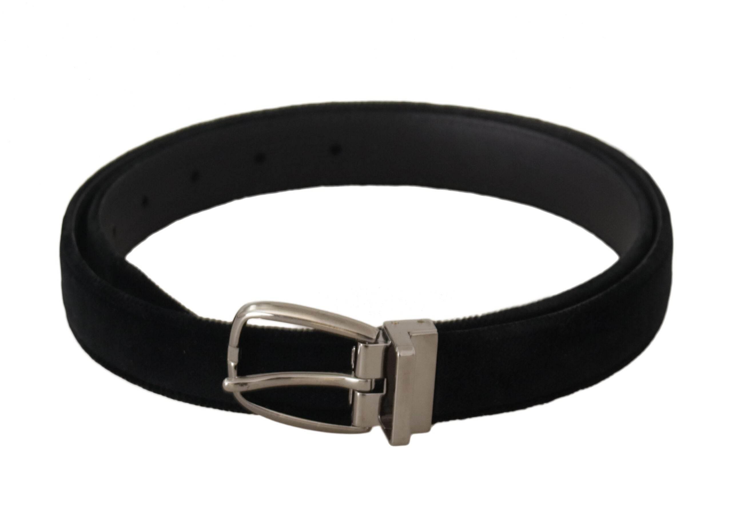 Dolce & Gabbana Black Classic Velvet Silver Tone Metal Buckle Belt - Hilstor