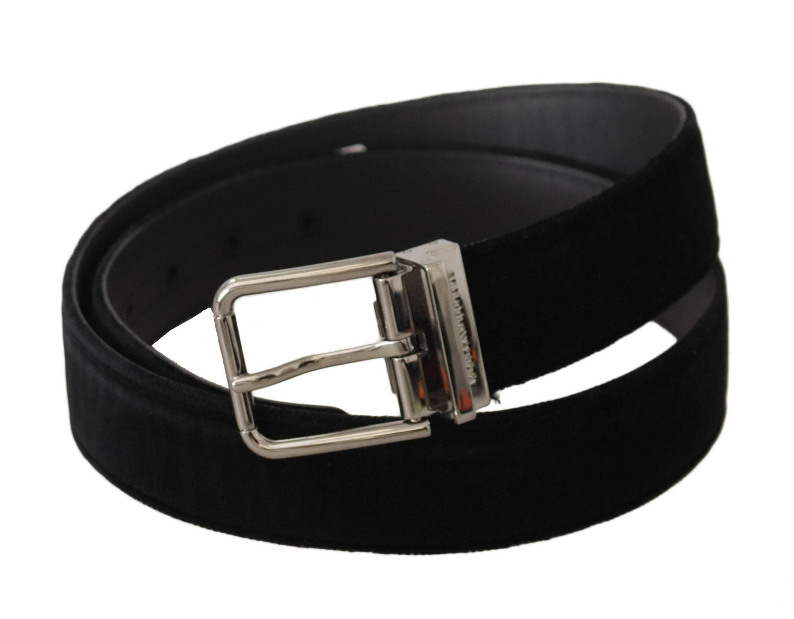 Dolce & Gabbana Black Velvet Silver Logo Engraved Metal Buckle Belt - Hilstor
