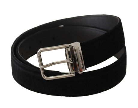 Dolce & Gabbana Black Velvet Silver Logo Engraved Metal Buckle Belt - Hilstor