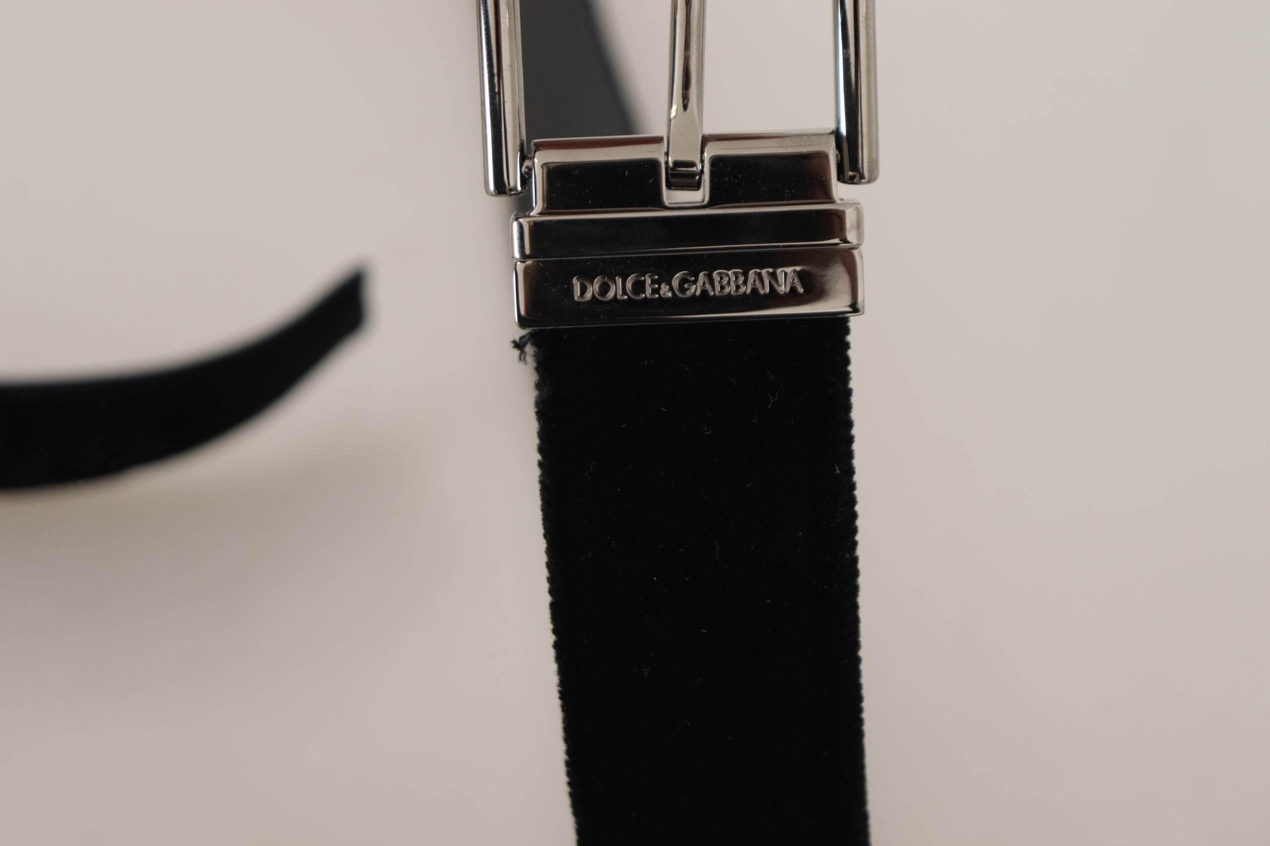 Dolce & Gabbana Black Velvet Silver Logo Engraved Metal Buckle Belt - Hilstor