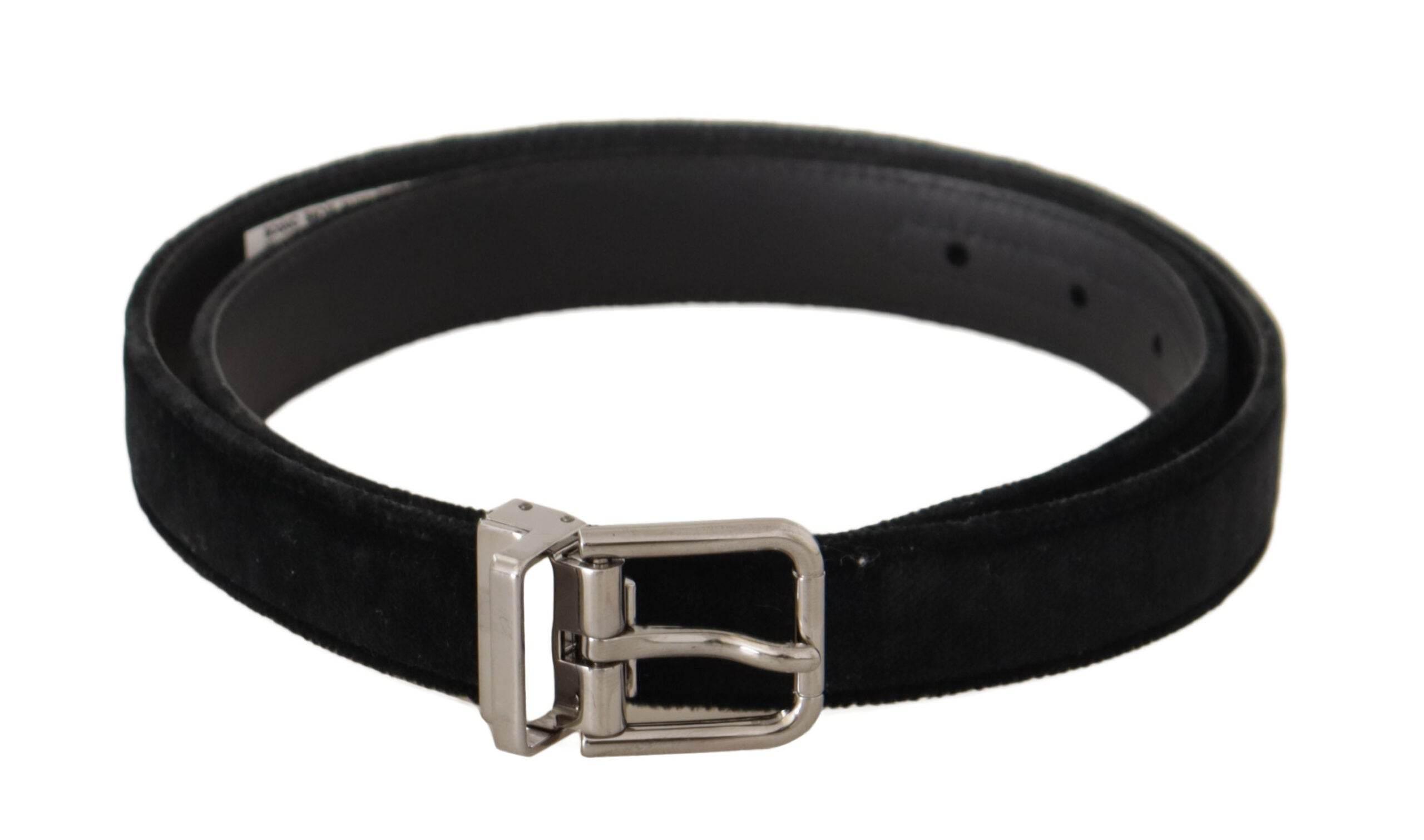 Dolce & Gabbana Black Casual Velvet Silver Metal Logo Buckle Belt - Hilstor