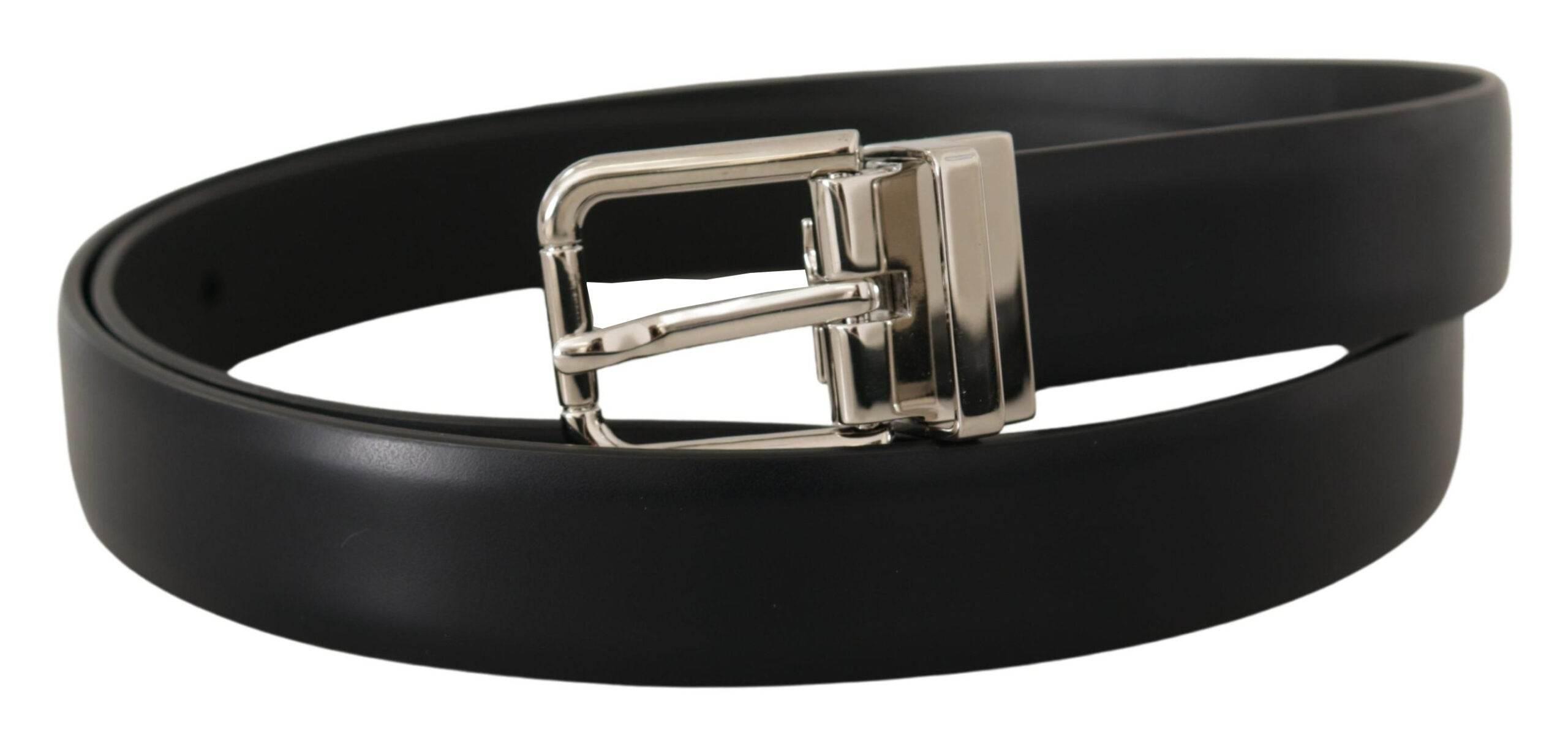 Dolce & Gabbana Black Calf Leather Silver Metal Logo Buckle Belt - Hilstor