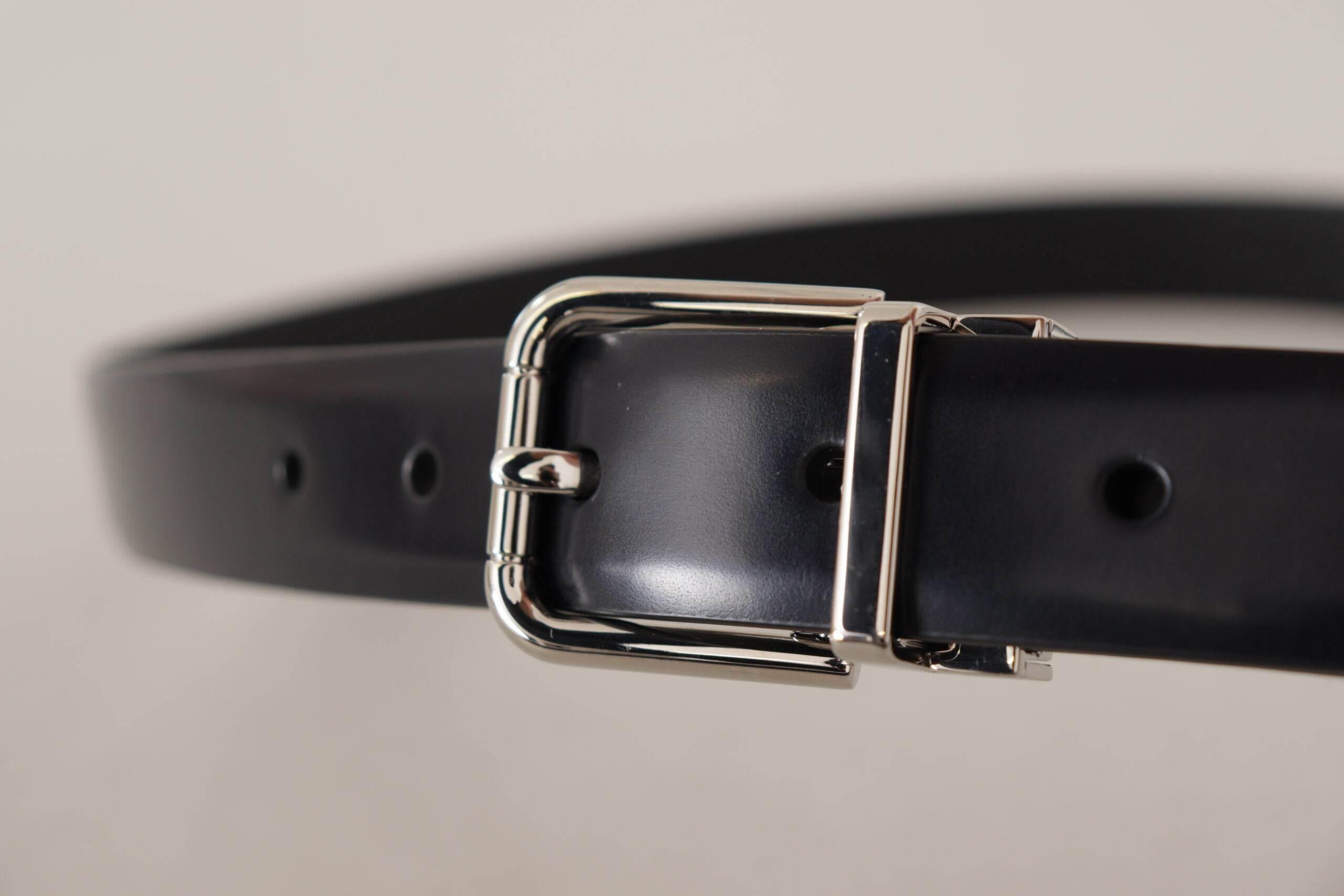 Dolce & Gabbana Black Calf Leather Silver Metal Logo Buckle Belt - Hilstor