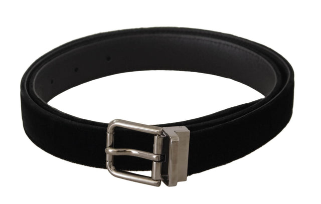 Dolce & Gabbana Black Classic Velvet Logo Engraved Metal Buckle Belt - Hilstor