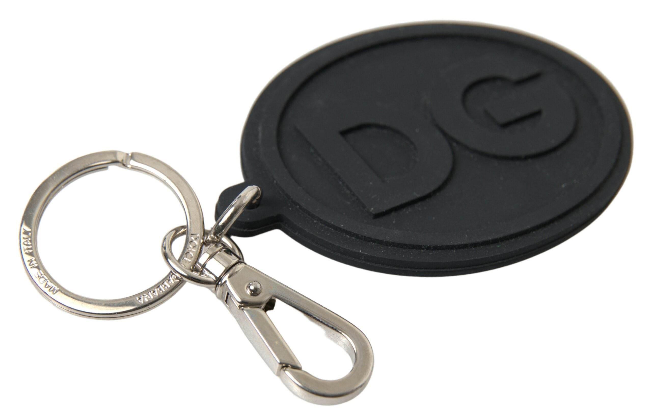 Dolce & Gabbana Black Rubber DG Logo Silver Brass Metal Keychain - Hilstor
