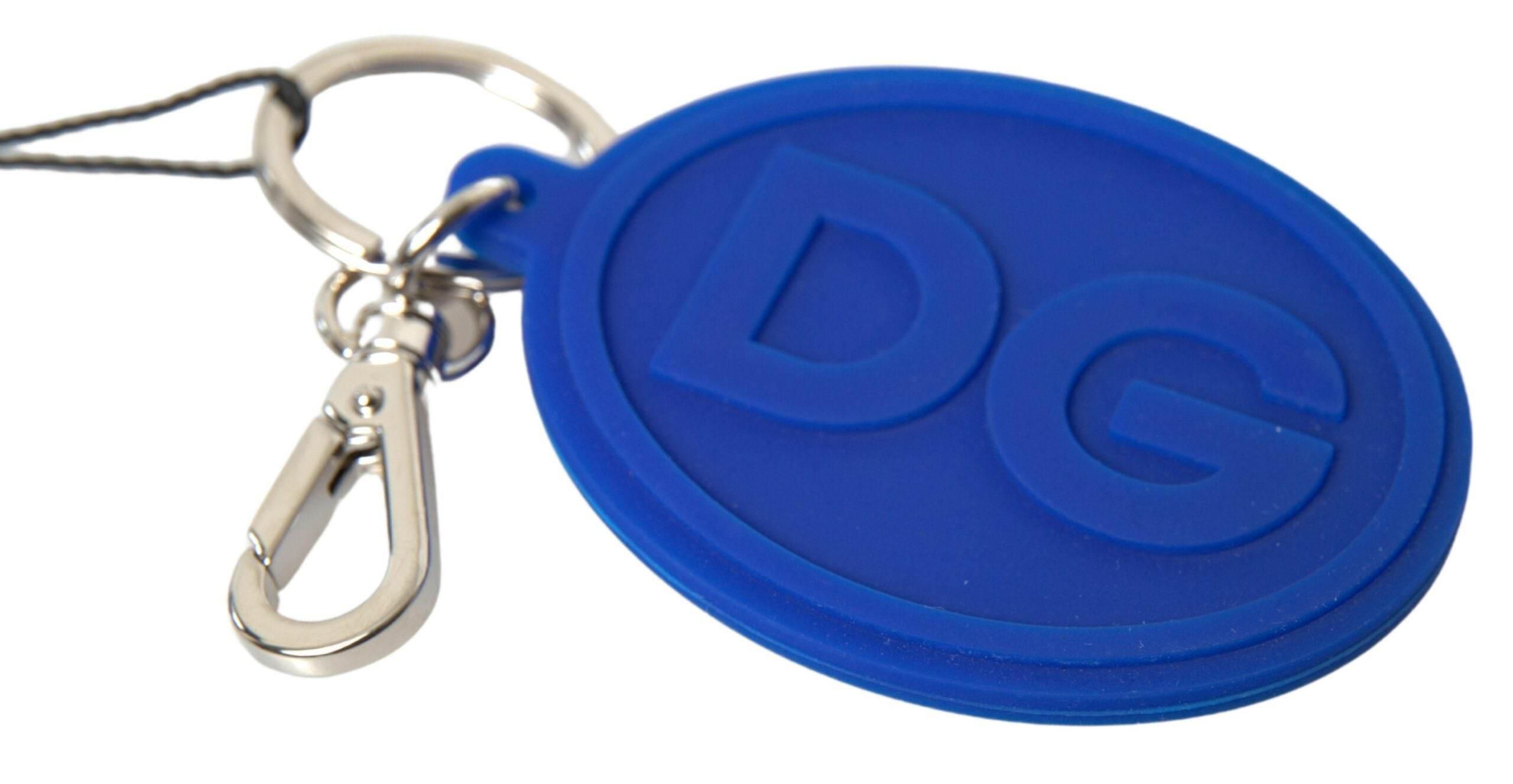 Dolce & Gabbana Blue Rubber DG Logo Silver Brass Metal Keyring Keychain - Hilstor