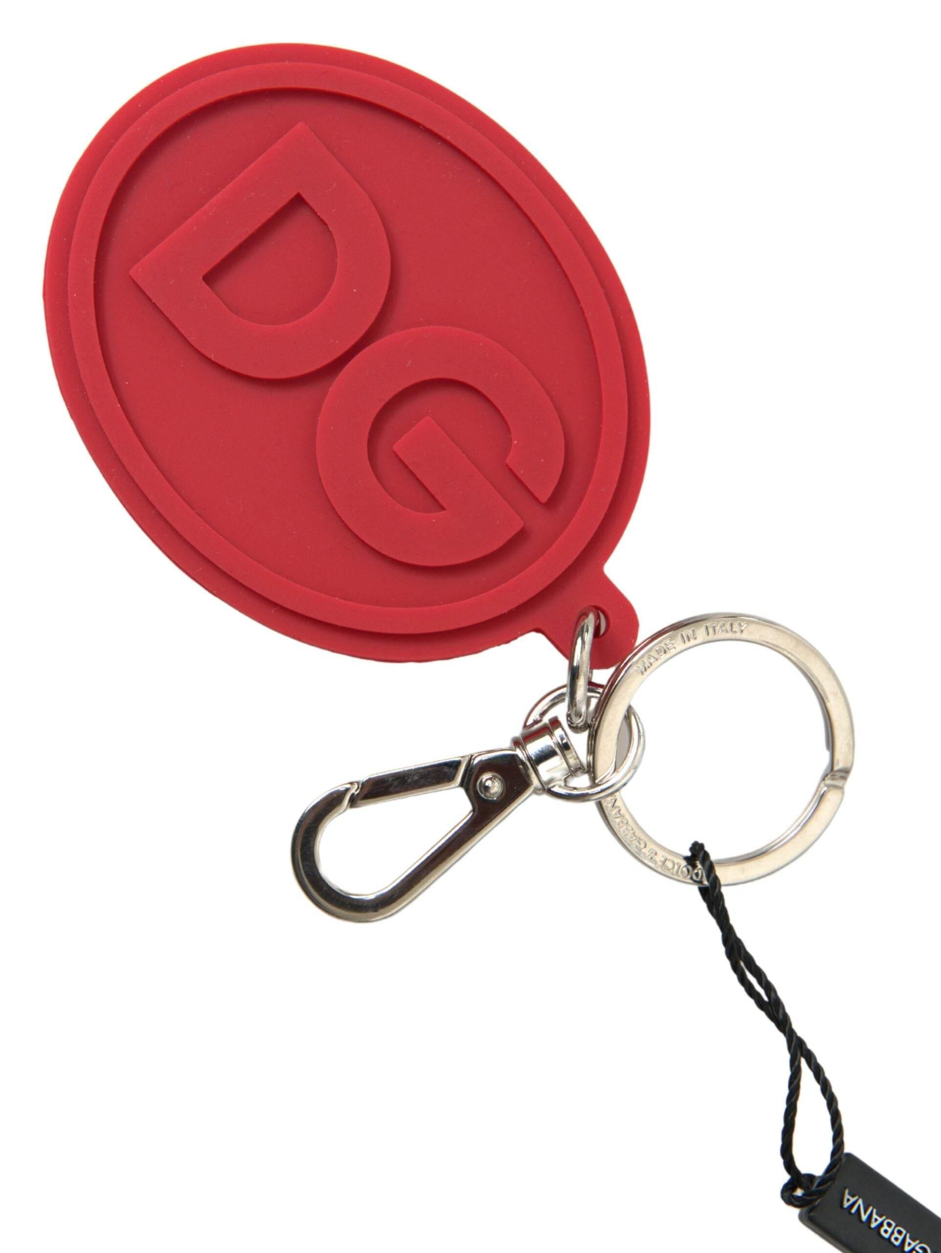 Dolce & Gabbana Red Rubber DG Logo Silver Brass Metal Keyring Keychain - Hilstor