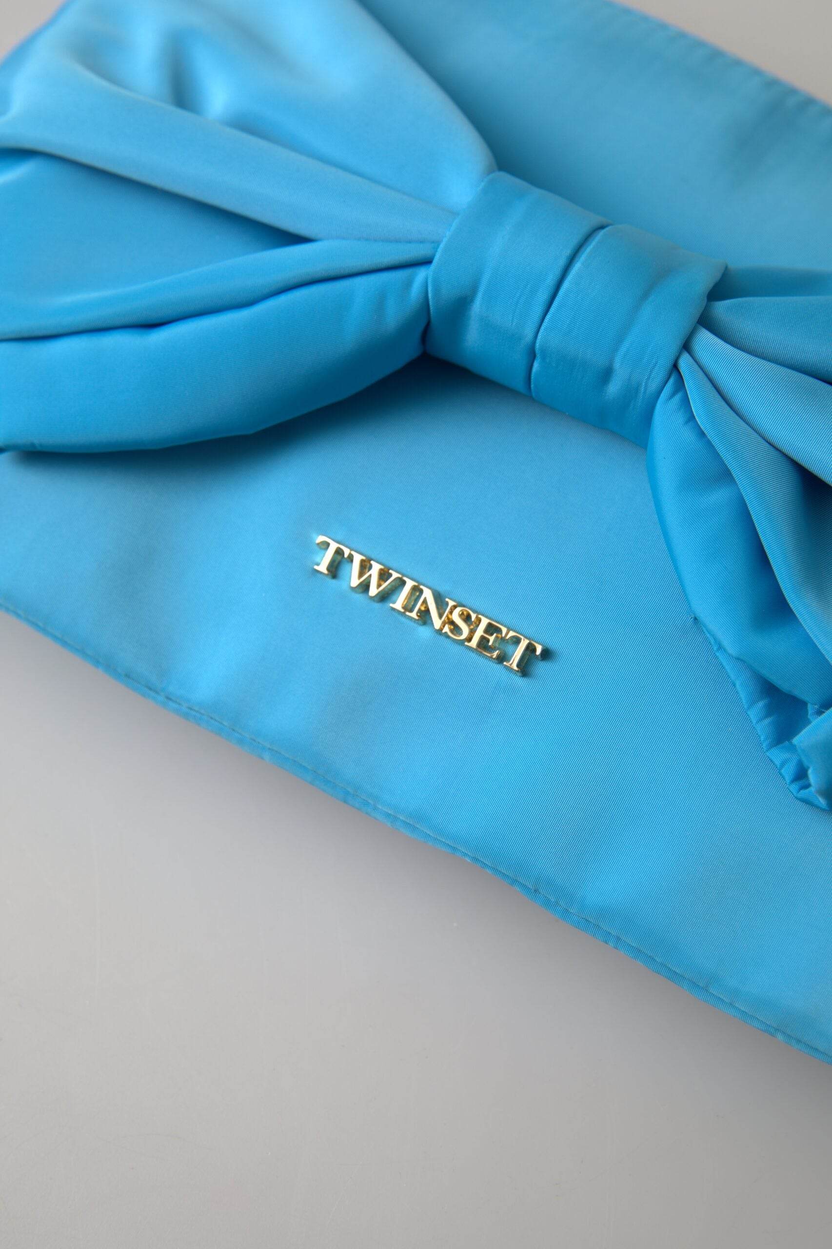 Twinset Blue Tafta Silk Large Bow Zipper Clutch Women Borse Logo Bag - Hilstor