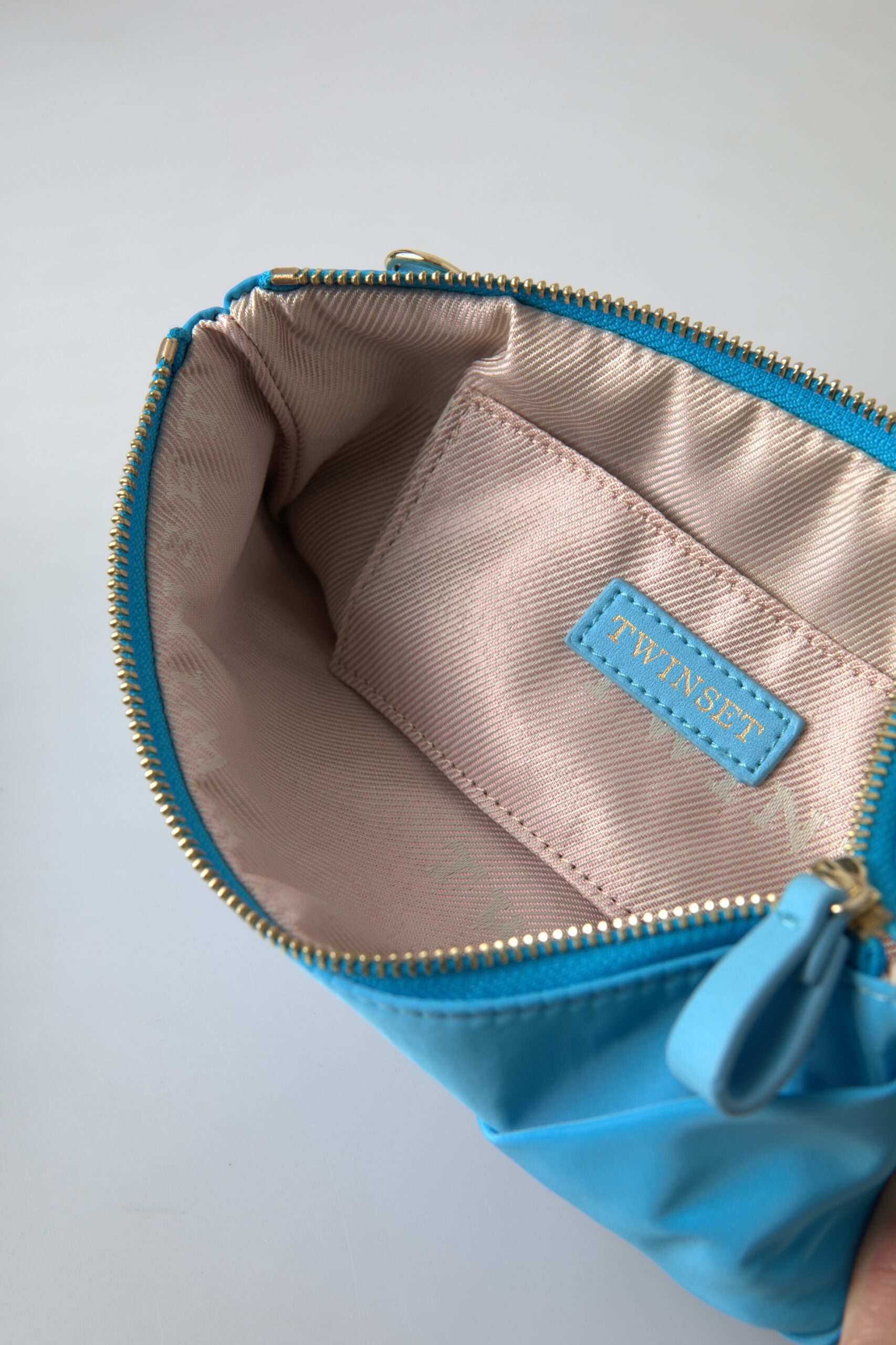 Twinset Blå Tafta Silke Stor Sløjfe Lynlås Clutch Kvinder Borse Logo Taske