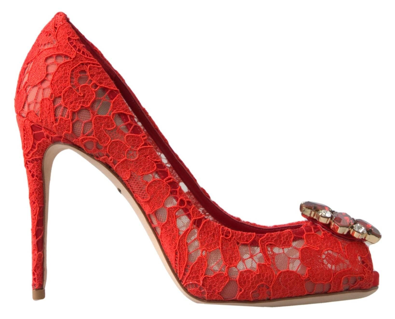 Dolce & Gabbana Chic Red Lace Heels with Crystal Embellishment - Hilstor
