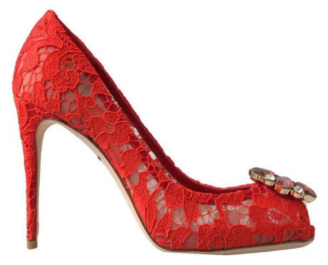 Dolce & Gabbana Chic Red Lace Heels with Crystal Embellishment - Hilstor