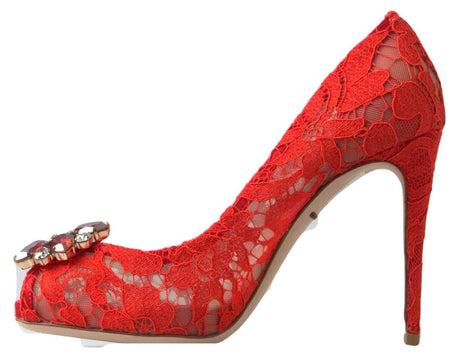 Dolce & Gabbana Chic Red Lace Heels with Crystal Embellishment - Hilstor