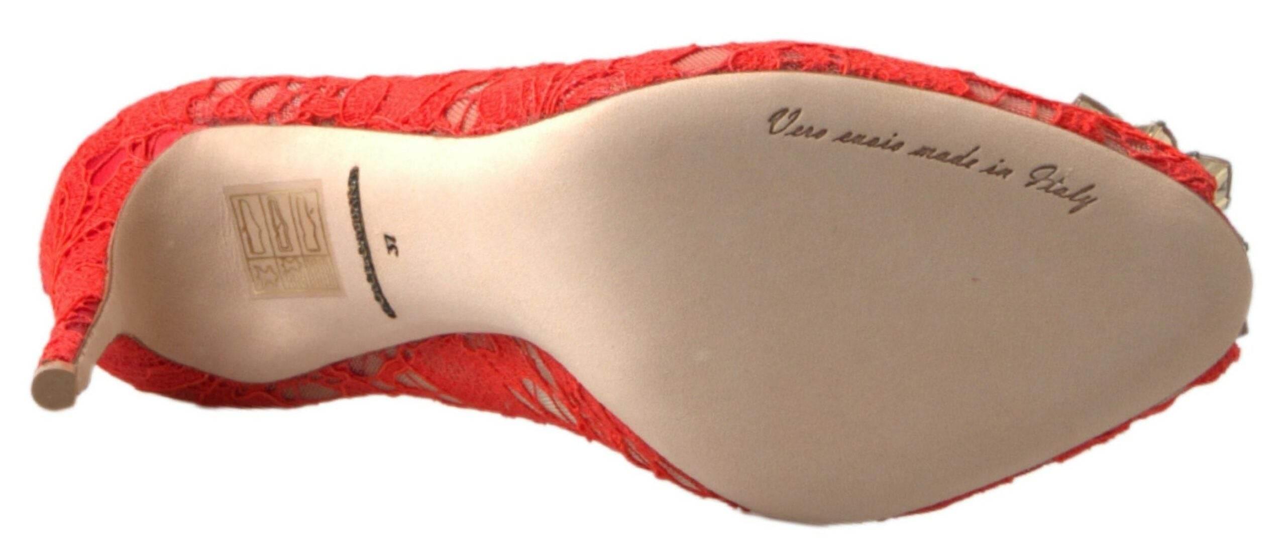 Dolce & Gabbana Chic Red Lace Heels with Crystal Embellishment - Hilstor
