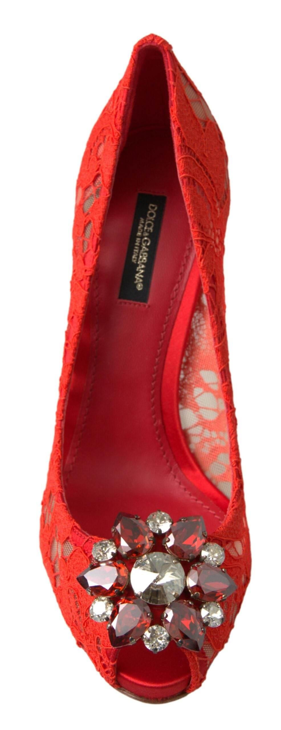 Dolce & Gabbana Chic Red Lace Heels with Crystal Embellishment - Hilstor