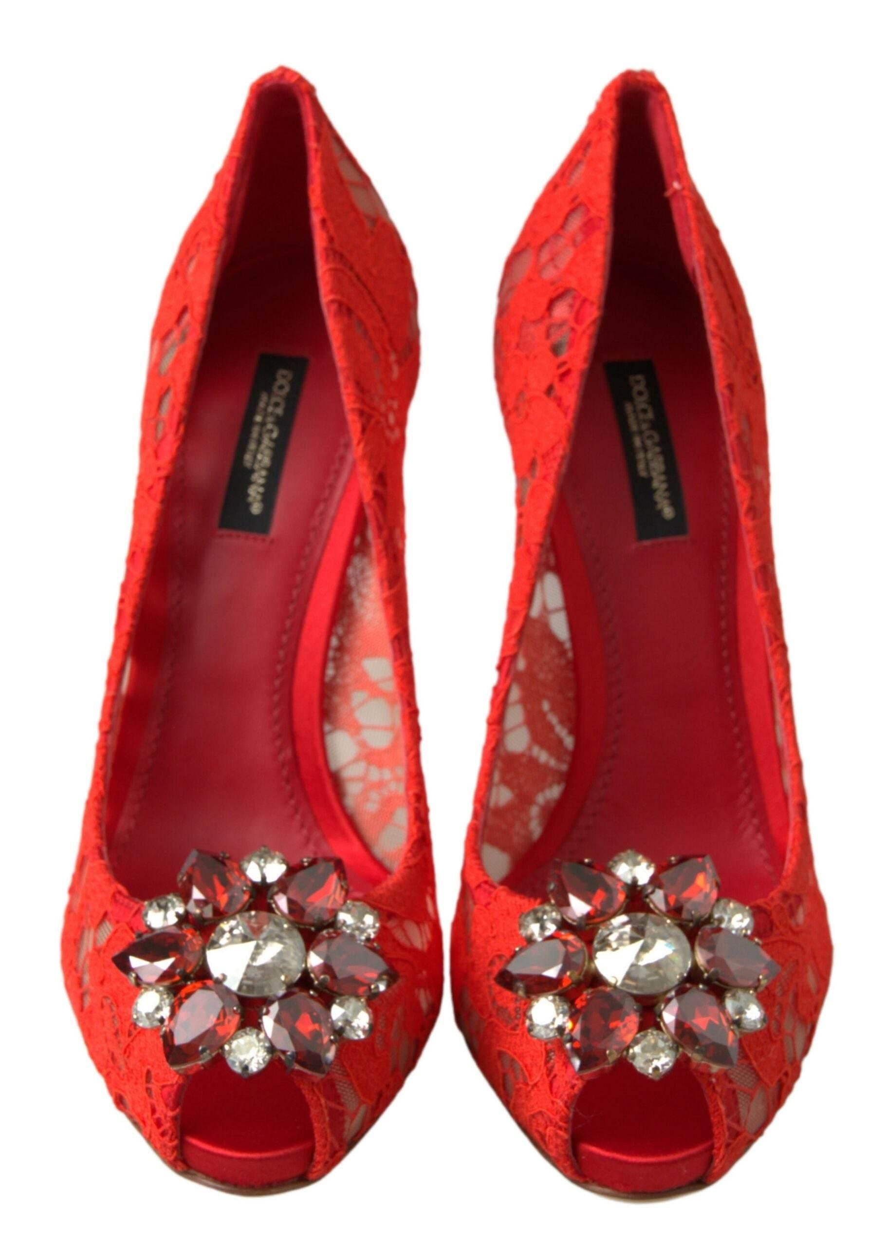 Dolce & Gabbana Chic Red Lace Heels with Crystal Embellishment - Hilstor