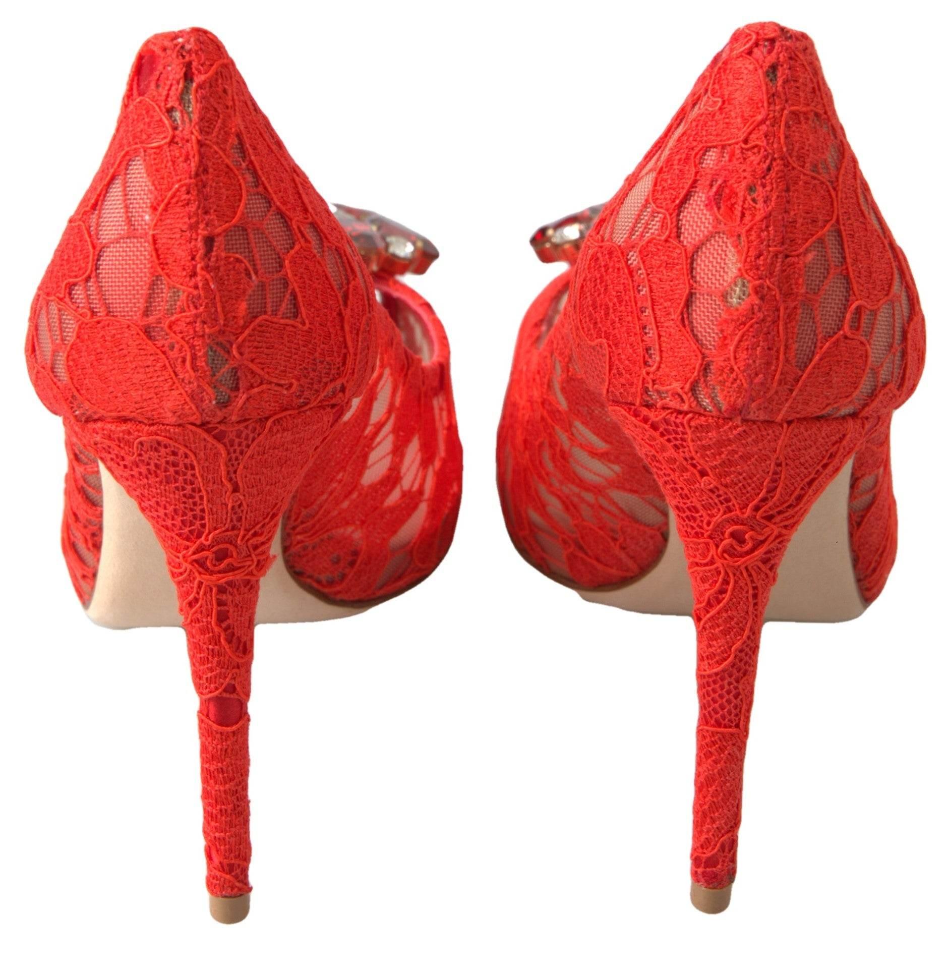 Dolce & Gabbana Chic Red Lace Heels with Crystal Embellishment - Hilstor