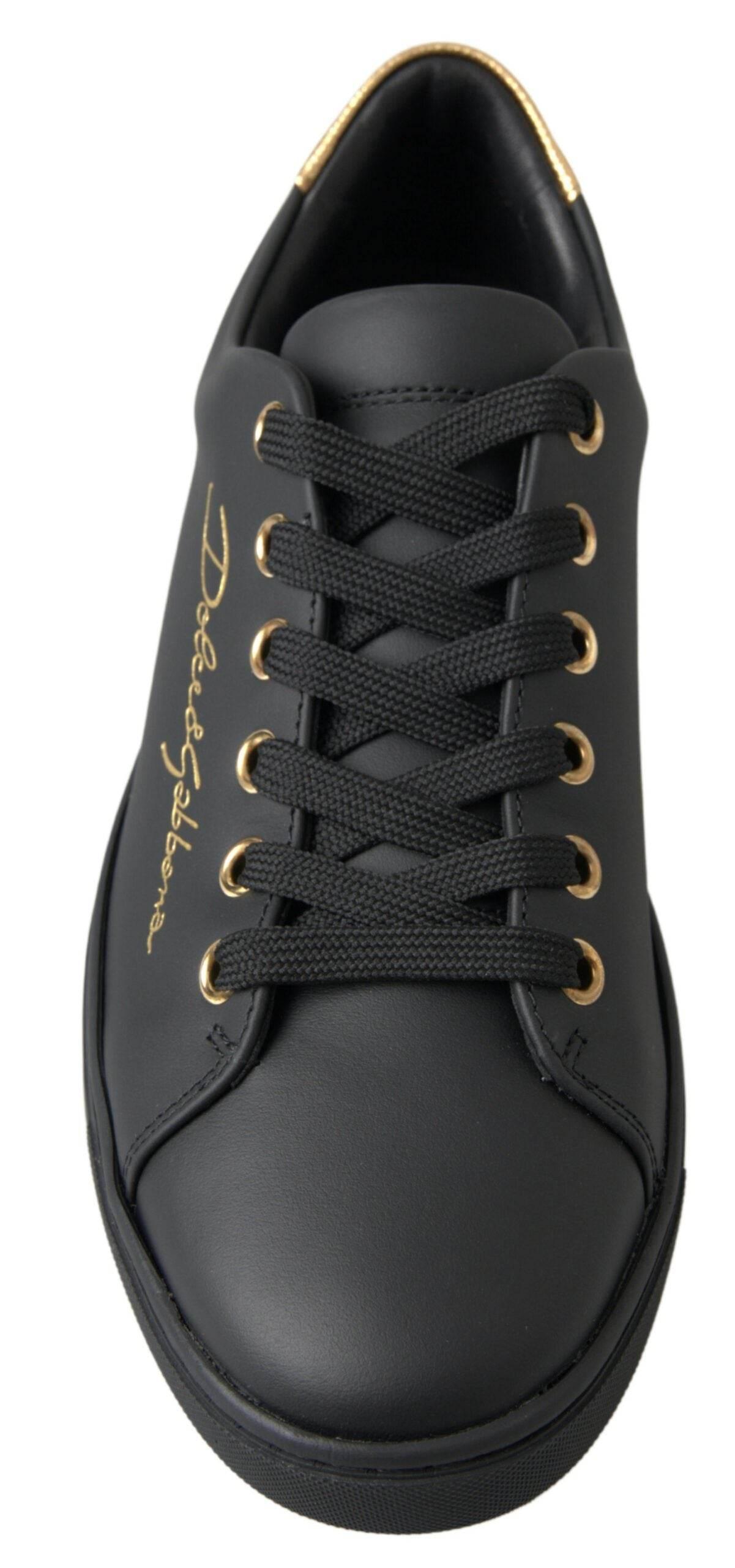 Dolce & Gabbana Black Gold Leather Classic Sneakers Shoes - Hilstor