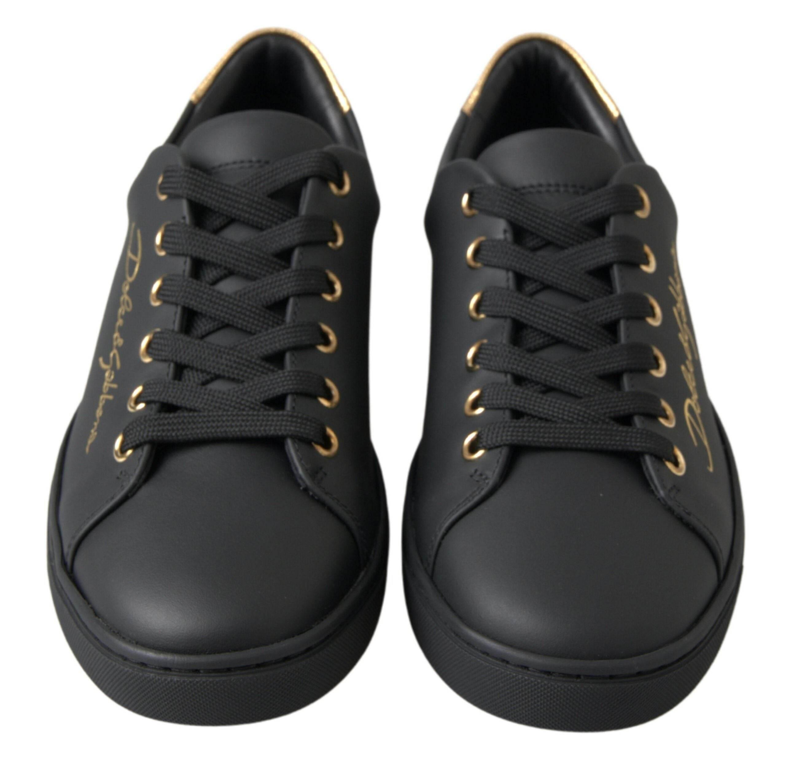 Dolce & Gabbana Black Gold Leather Classic Sneakers Shoes - Hilstor