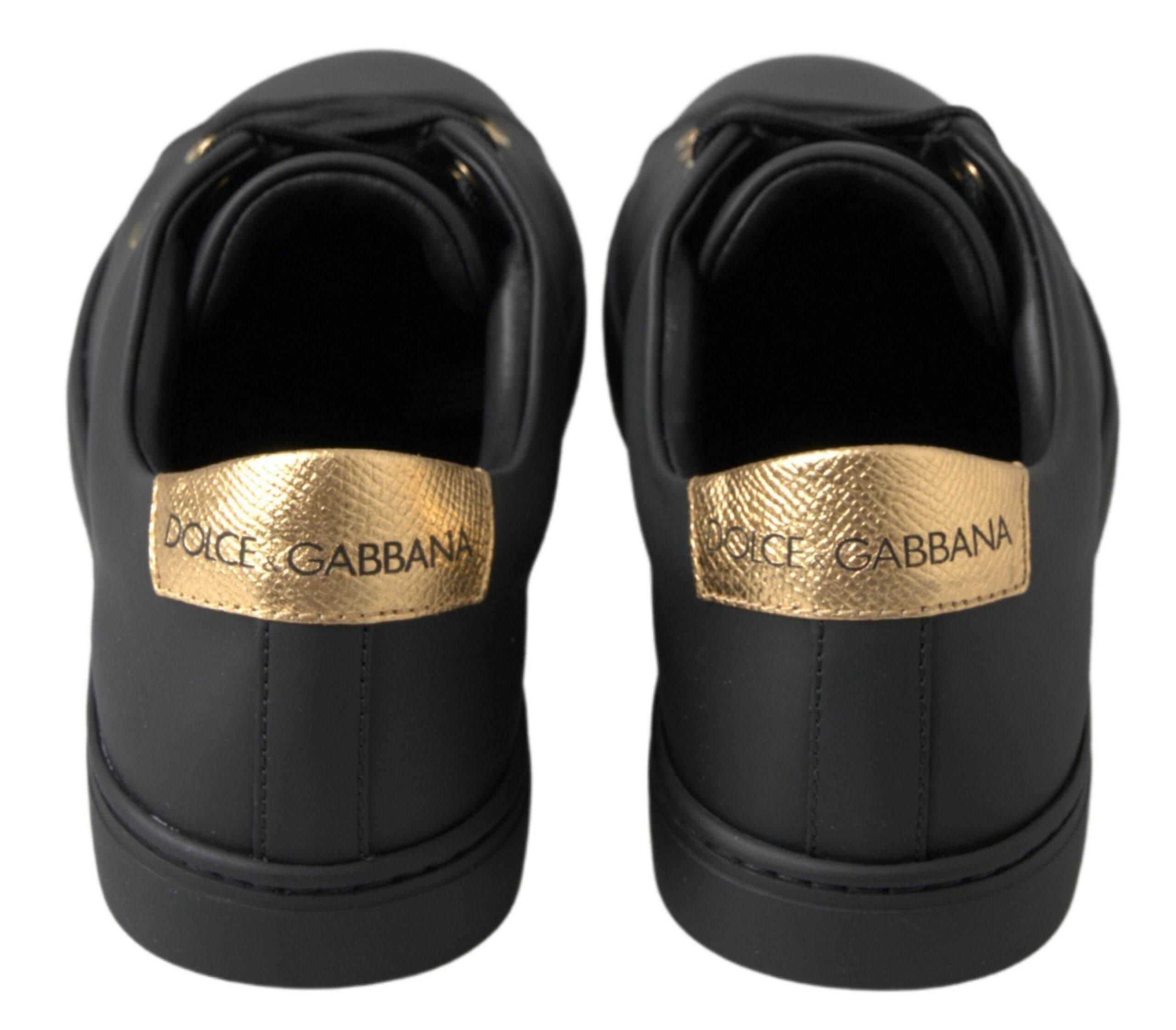 Dolce & Gabbana Black Gold Leather Classic Sneakers Shoes - Hilstor