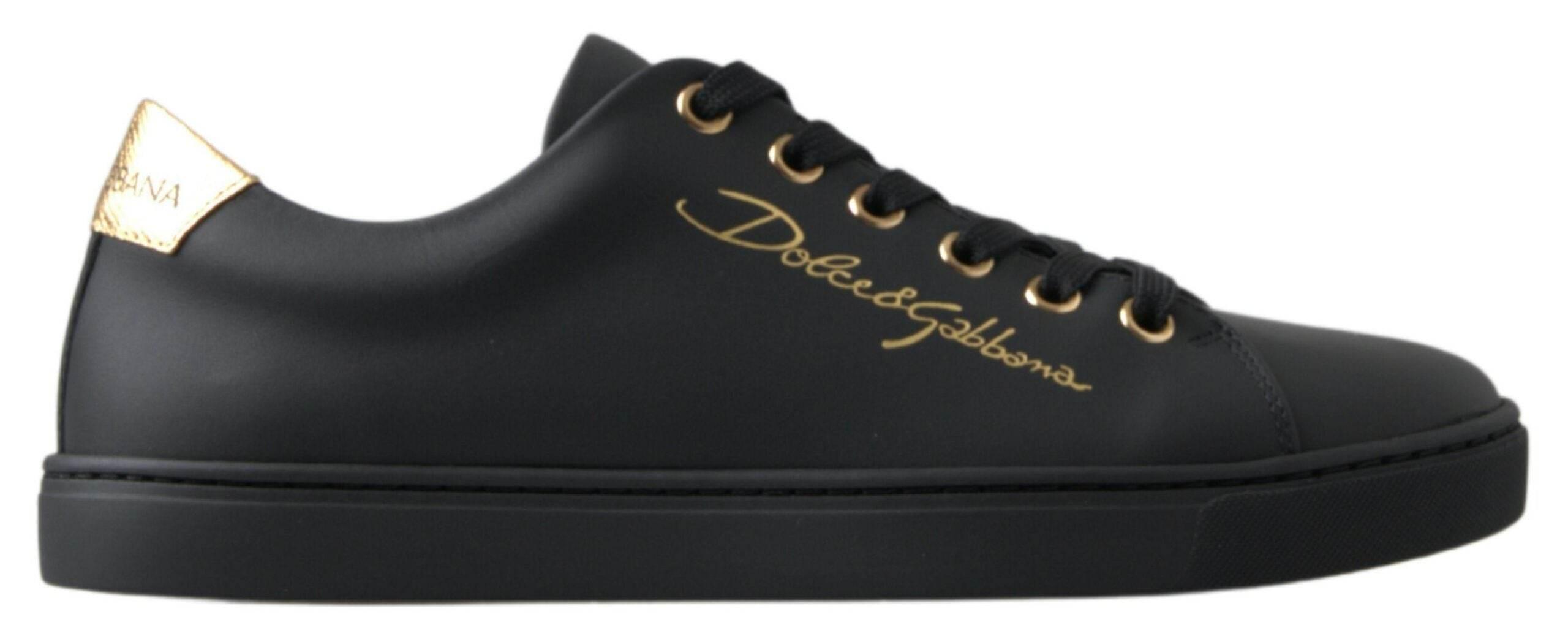 Dolce & Gabbana Black Gold Leather Classic Sneakers Shoes - Hilstor