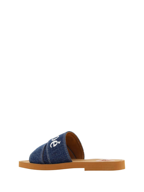 Chloé Sumptuous Cotton Woody Slide Sandals in Denim Blue - Hilstor