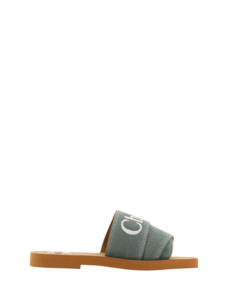 Chloé Elegant Forest Green Cotton Slides - Hilstor