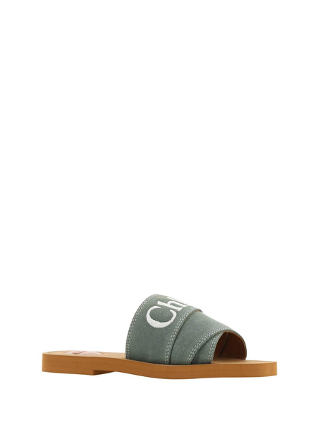 Chloé Elegant Forest Green Cotton Slides - Hilstor