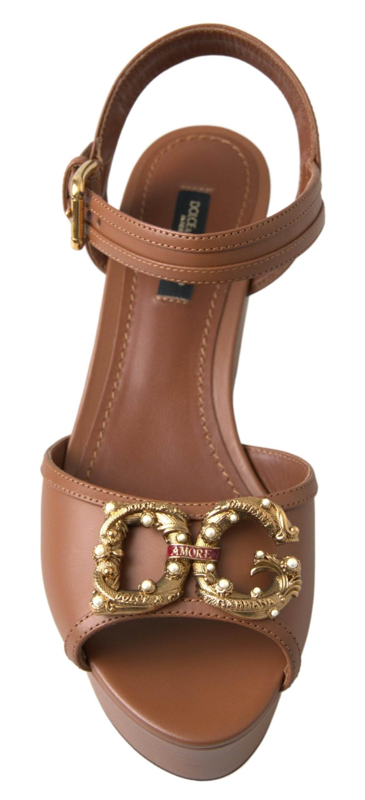 Dolce & Gabbana Brown Leather AMORE Wedges Sandals Shoes - Hilstor