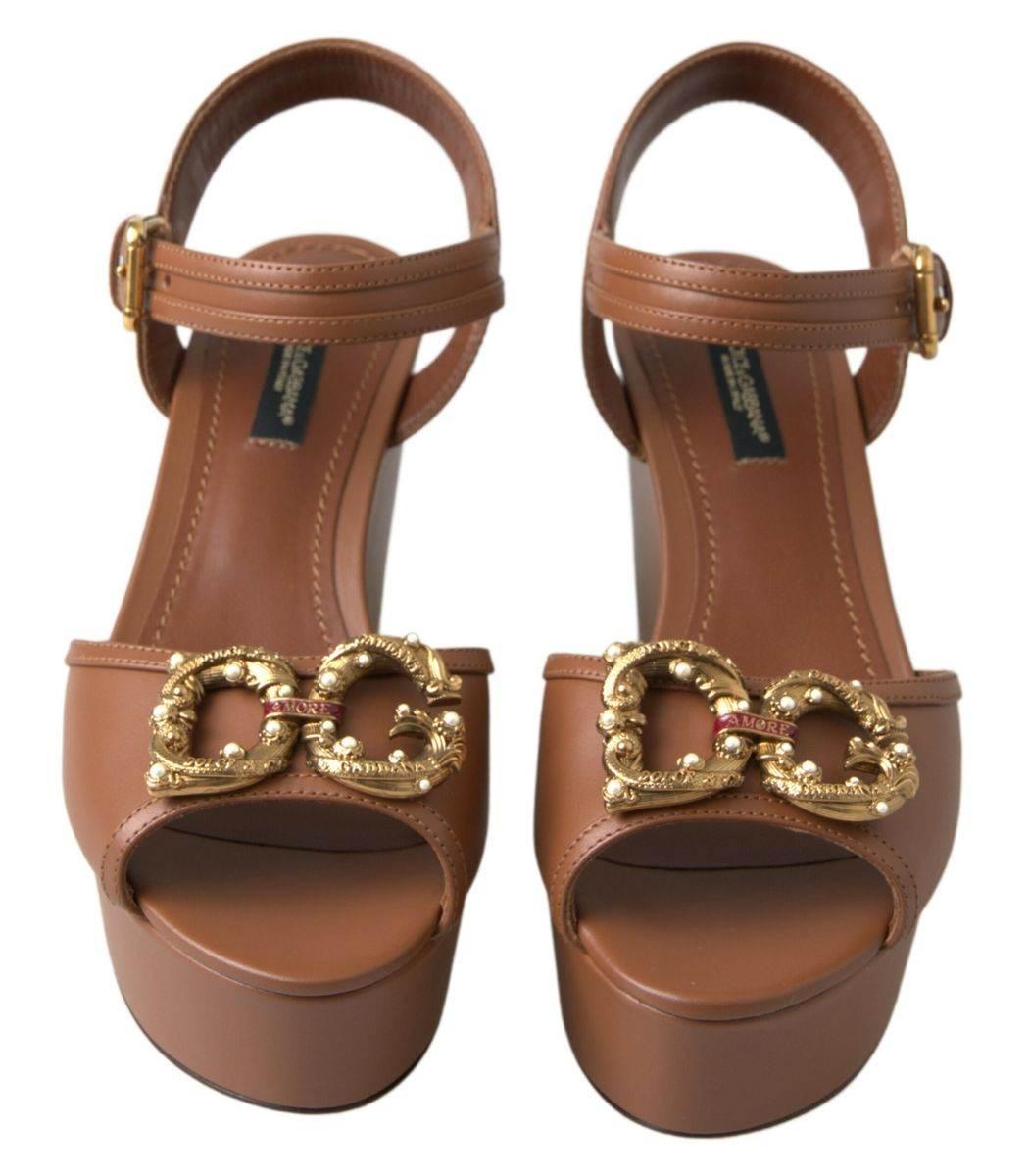 Dolce & Gabbana Brown Leather AMORE Wedges Sandals Shoes - Hilstor