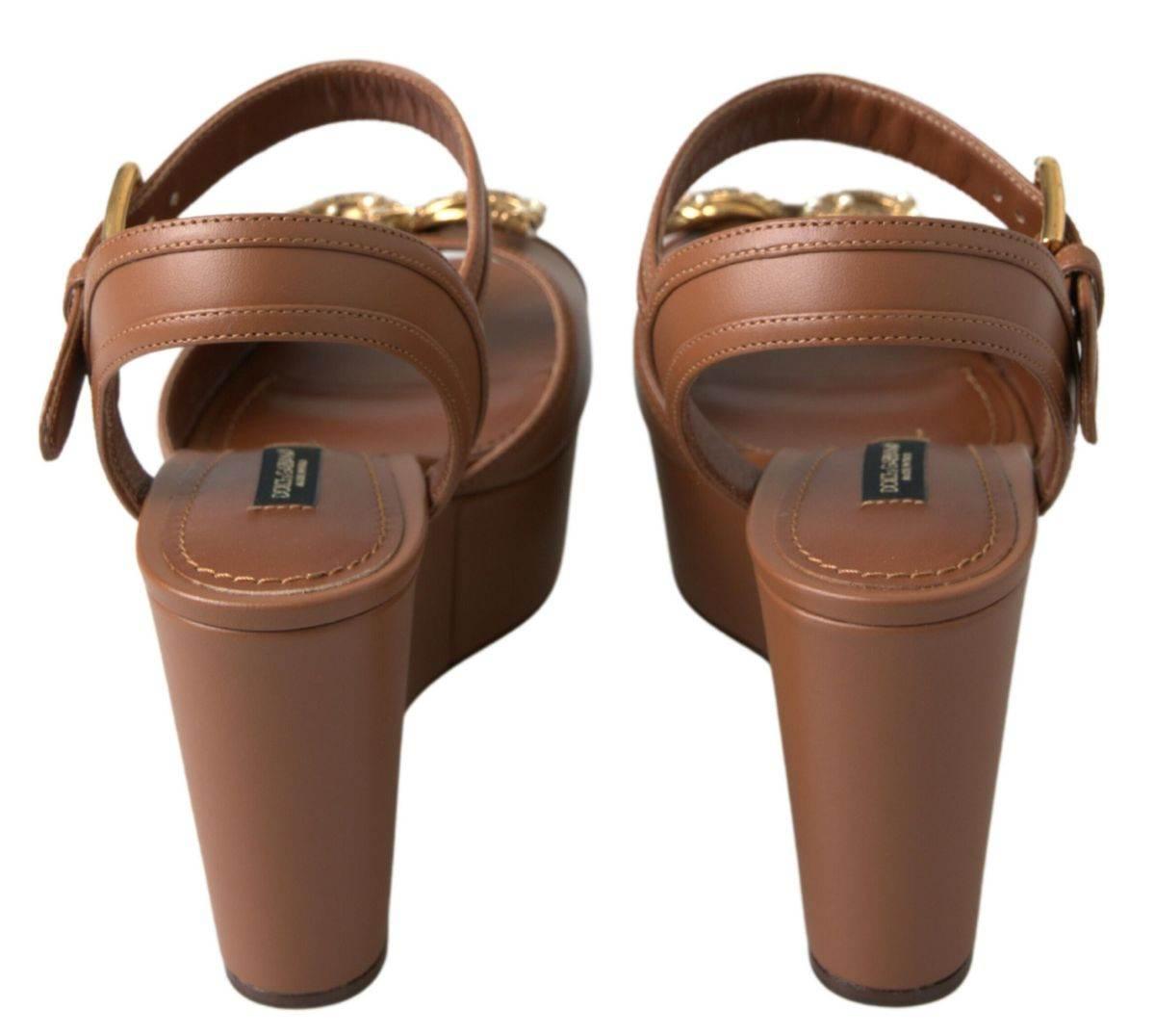 Dolce & Gabbana Brown Leather AMORE Wedges Sandals Shoes - Hilstor