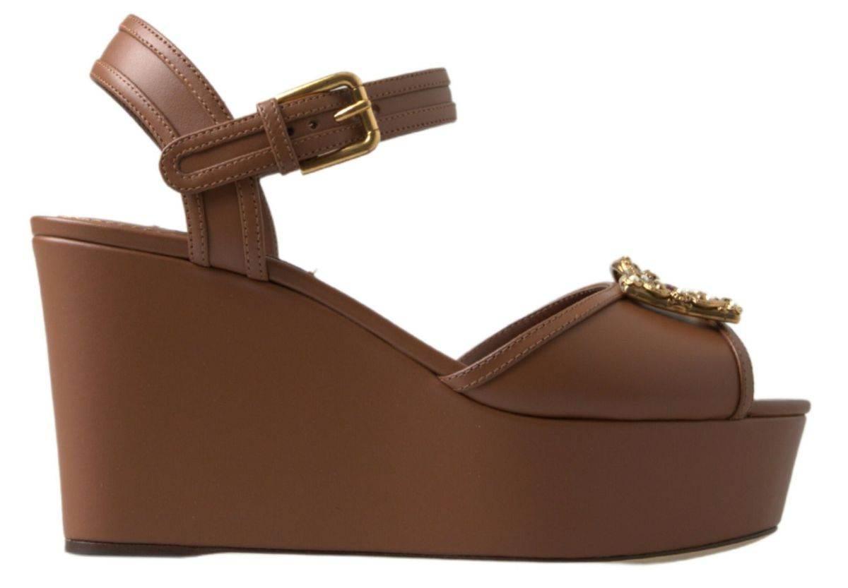 Dolce & Gabbana Brown Leather AMORE Wedges Sandals Shoes - Hilstor