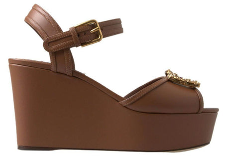 Dolce & Gabbana Brown Leather AMORE Wedges Sandals Shoes - Hilstor