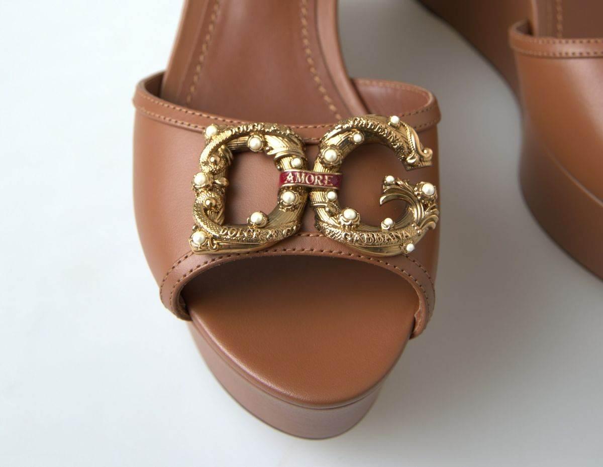Dolce & Gabbana Brown Leather AMORE Wedges Sandals Shoes - Hilstor