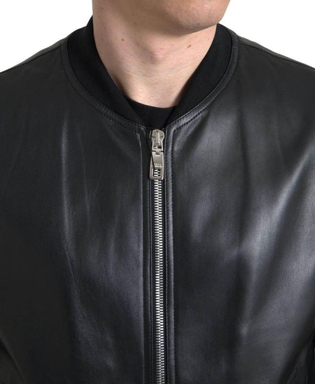 Dolce & Gabbana Black Leather Full Zip Bomber Men Jacket - Hilstor