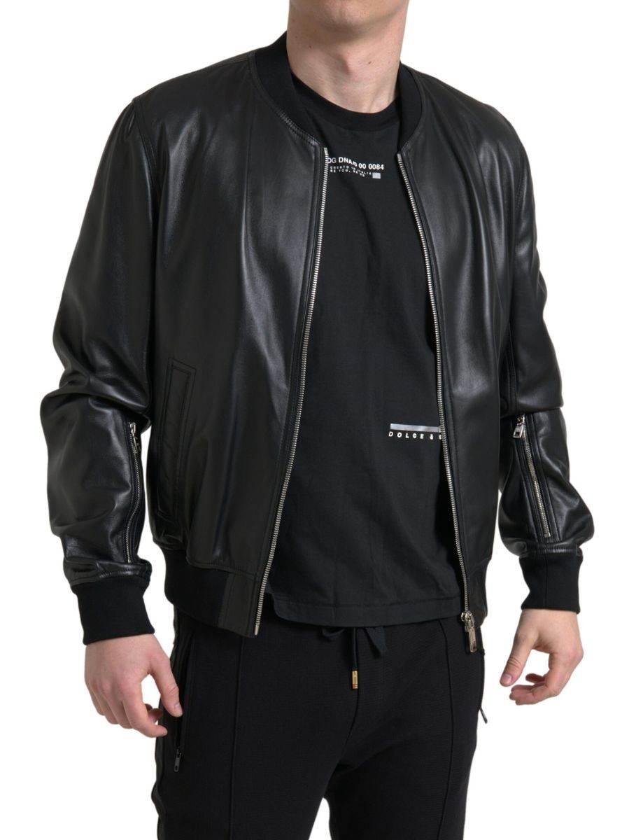 Dolce & Gabbana Black Leather Full Zip Bomber Men Jacket - Hilstor