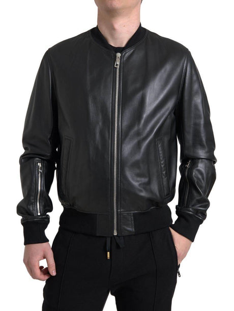Dolce & Gabbana Black Leather Full Zip Bomber Men Jacket - Hilstor