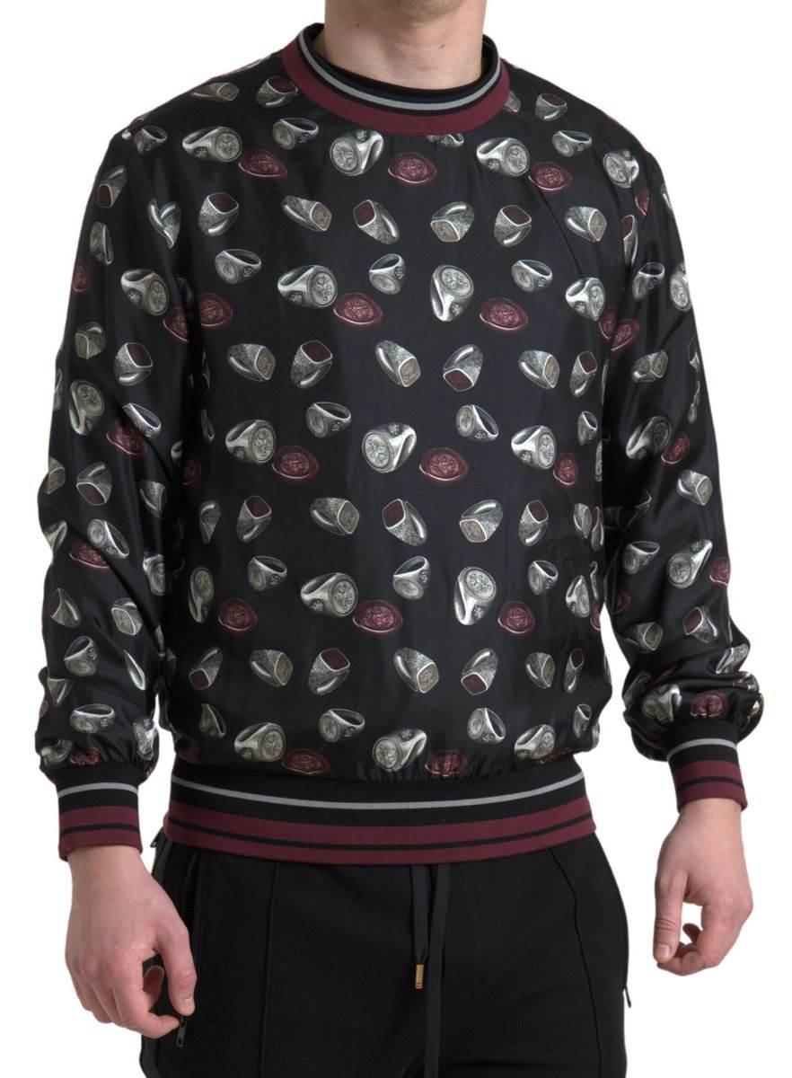 Dolce & Gabbana Black Ring Print Silk Crewneck Sweater - Hilstor