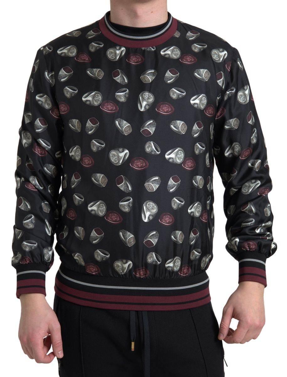 Dolce & Gabbana Black Ring Print Silk Crewneck Sweater - Hilstor