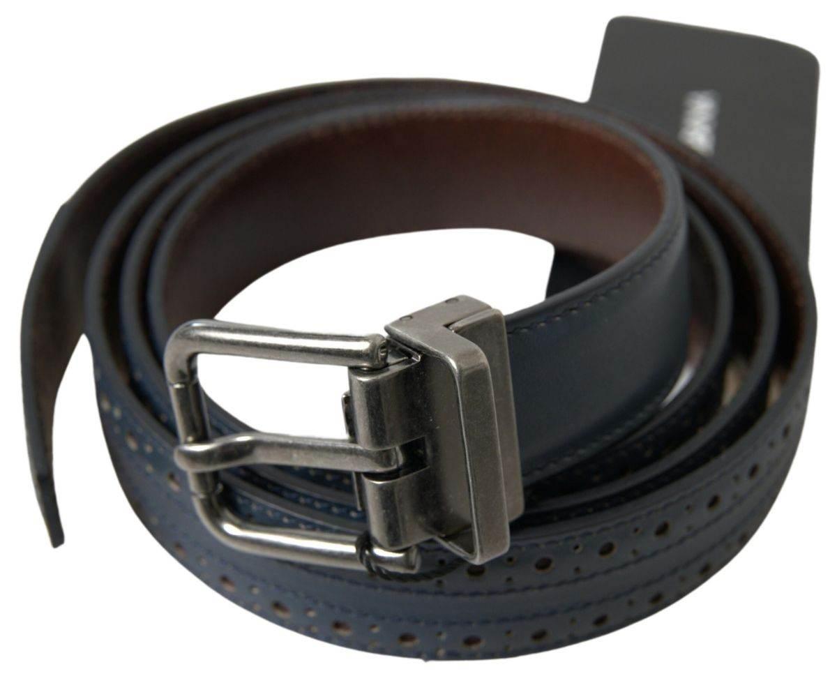Dolce & Gabbana Blue Leather Perforated Metal Buckle Belt - Hilstor